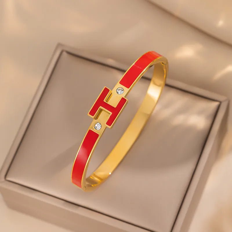 Gold H Letter Enamel & Crystal Zircon Cuff Bangle - Bangle - 18k Gold Plated Waterproof Jewellery - Collection 9