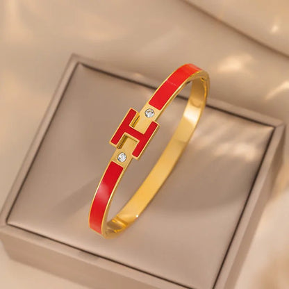 Gold H Letter Enamel & Crystal Zircon Cuff Bangle - Bangle - 18k Gold Plated Waterproof Jewellery - Collection 9