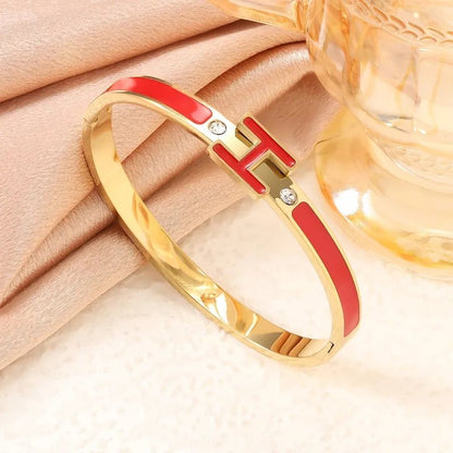 Gold H Letter Enamel & Crystal Zircon Cuff Bangle - Bangle - 18k Gold Plated Waterproof Jewellery - Collection 9