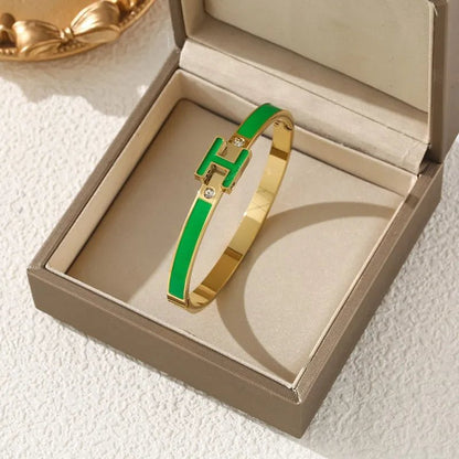 Gold H Letter Enamel & Crystal Zircon Cuff Bangle - Bangle - 18k Gold Plated Waterproof Jewellery - Collection 9