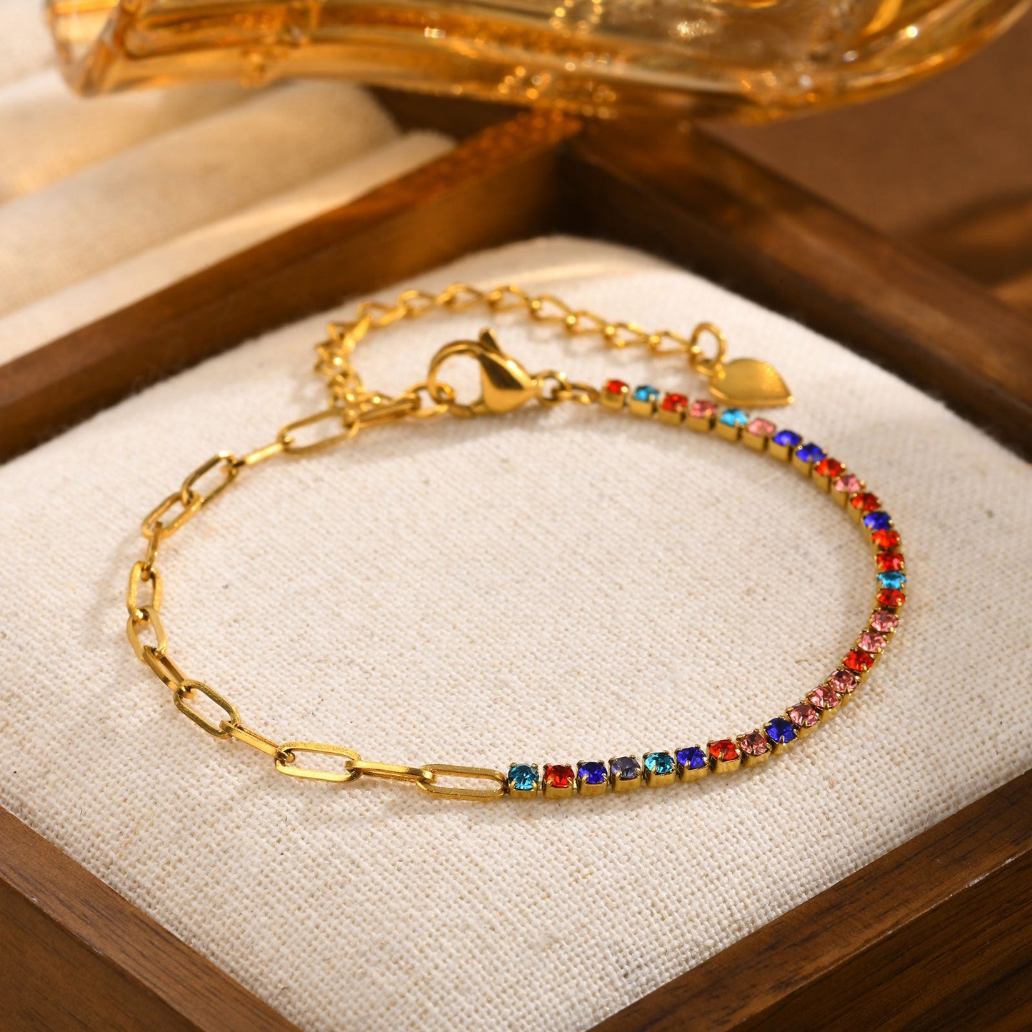 Gold Half Paperclip & Multicolour Zircon Tennis Chain Bracelet - Bracelet - 18k Gold Plated Waterproof Jewellery - Collection 9