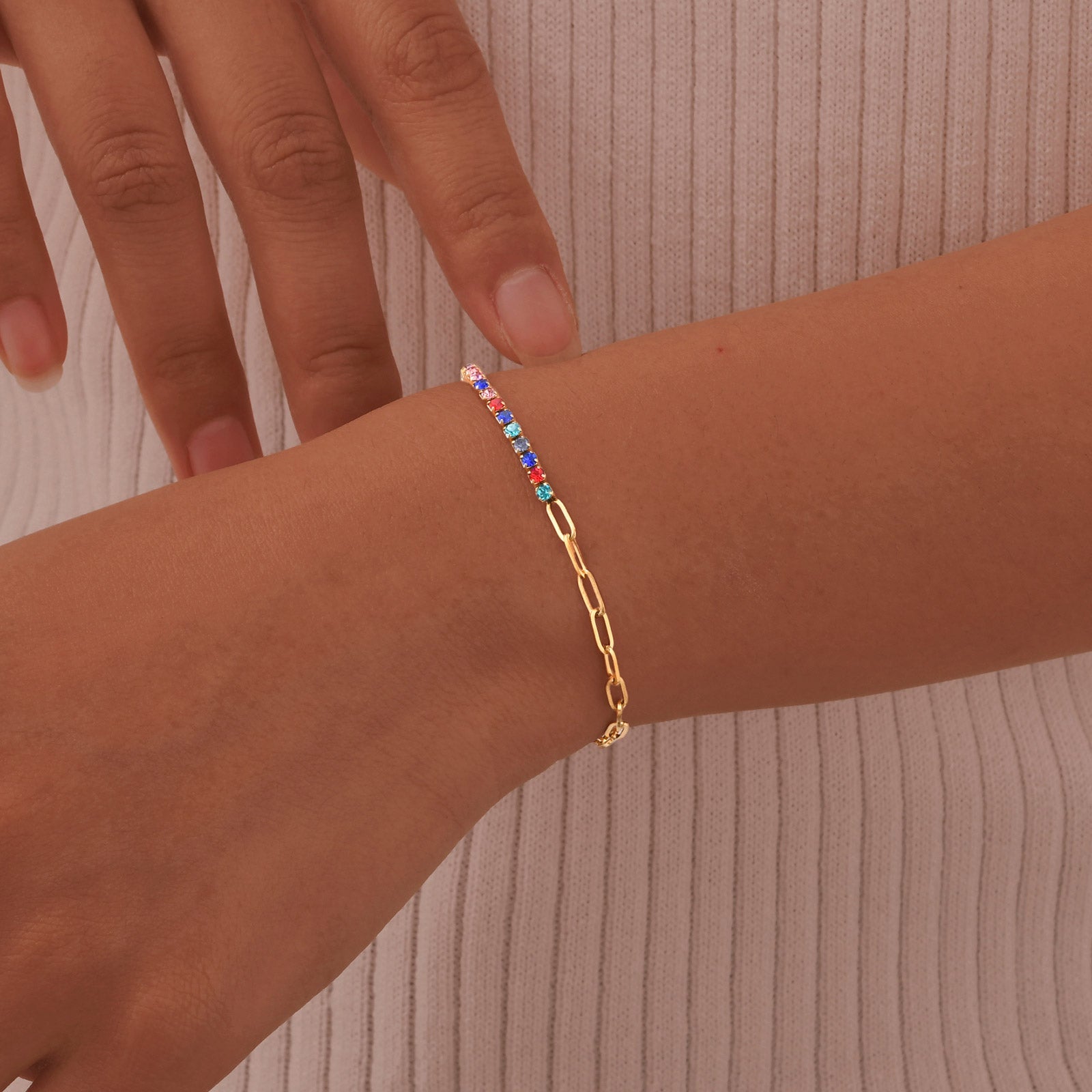 Gold Half Paperclip & Multicolour Zircon Tennis Chain Bracelet - Bracelet - 18k Gold Plated Waterproof Jewellery - Collection 9