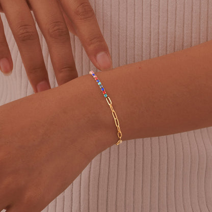 Gold Half Paperclip & Multicolour Zircon Tennis Chain Bracelet - Bracelet - 18k Gold Plated Waterproof Jewellery - Collection 9