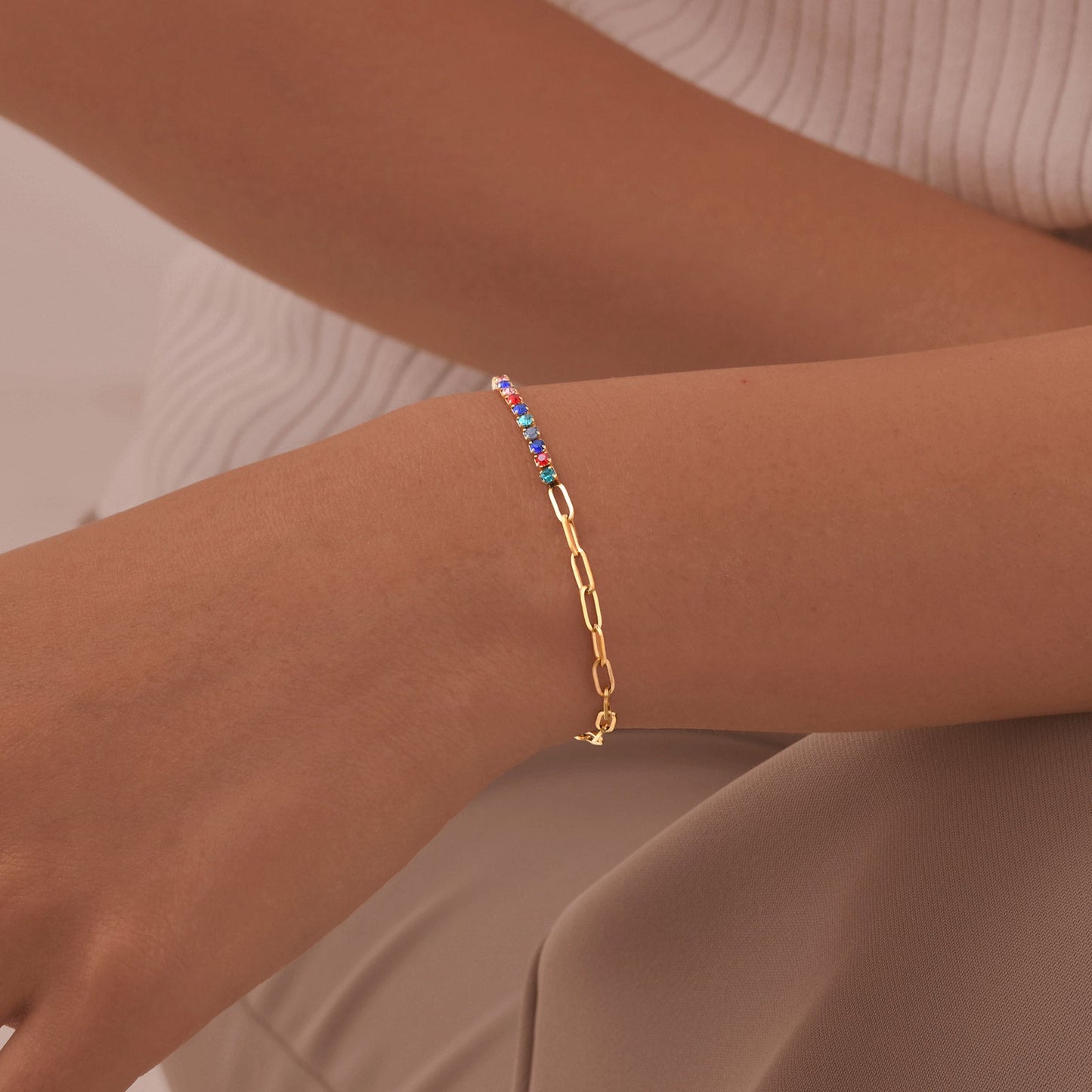 Gold Half Paperclip & Multicolour Zircon Tennis Chain Bracelet - Bracelet - 18k Gold Plated Waterproof Jewellery - Collection 9