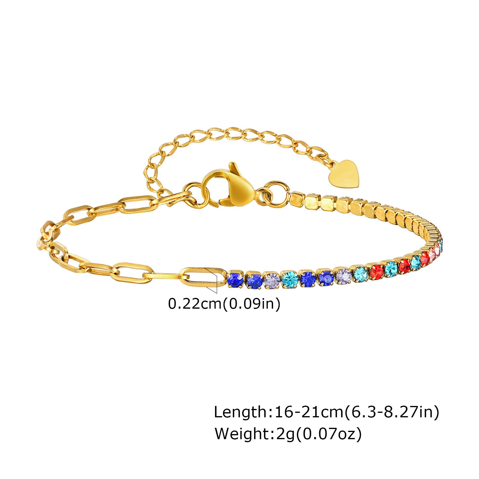 Gold Half Paperclip & Multicolour Zircon Tennis Chain Bracelet - Bracelet - 18k Gold Plated Waterproof Jewellery - Collection 9