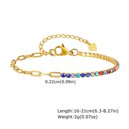 Gold Half Paperclip & Multicolour Zircon Tennis Chain Bracelet - Bracelet - 18k Gold Plated Waterproof Jewellery - Collection 9