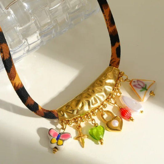 Gold Hammered Bar Multi Charm Leopard Silk Scarf Cord Necklace - Necklaces - 18k Gold Plated Waterproof Jewellery - Collection 9