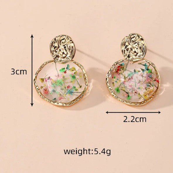 Gold Hammered Dried Flower Resin Drop Earrings - Drop Earrings - 18k Gold Plated Waterproof Jewellery - Collection 9