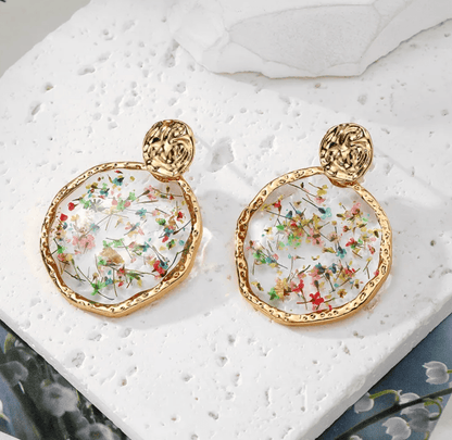 Gold Hammered Dried Flower Resin Drop Earrings - Drop Earrings - 18k Gold Plated Waterproof Jewellery - Collection 9