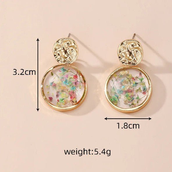 Gold Hammered Dried Flower Resin Drop Earrings - Drop Earrings - 18k Gold Plated Waterproof Jewellery - Collection 9