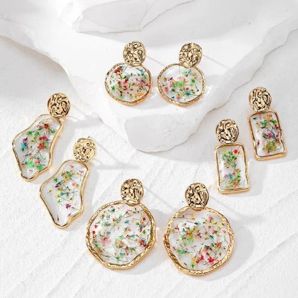 Gold Hammered Dried Flower Resin Drop Earrings - Drop Earrings - 18k Gold Plated Waterproof Jewellery - Collection 9