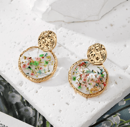 Gold Hammered Dried Flower Resin Drop Earrings - Drop Earrings - 18k Gold Plated Waterproof Jewellery - Collection 9