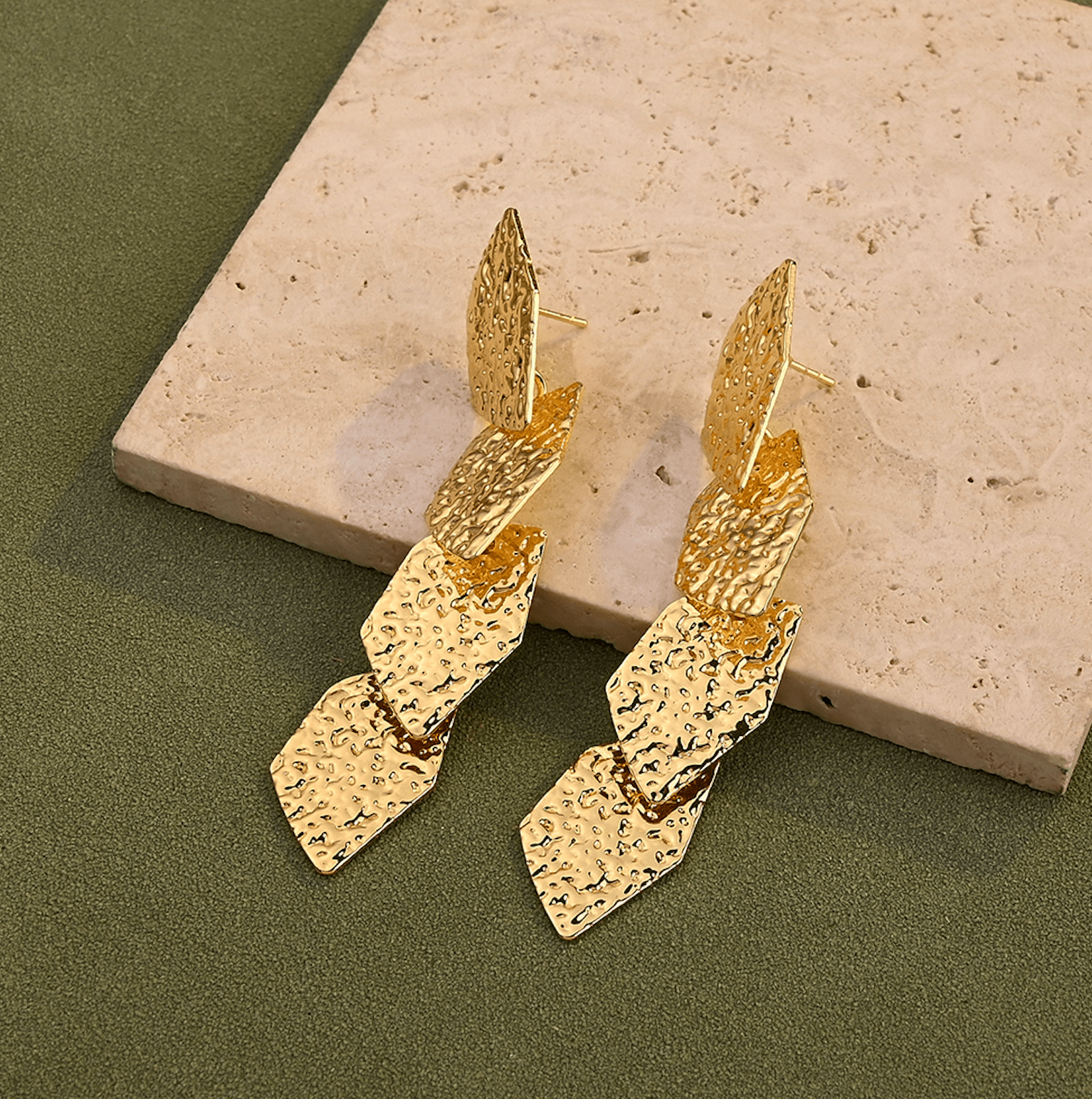 Gold Hammered Multi-Petal Drop Earrings - Earrings - 18k Gold Plated Waterproof Jewellery - Collection 9