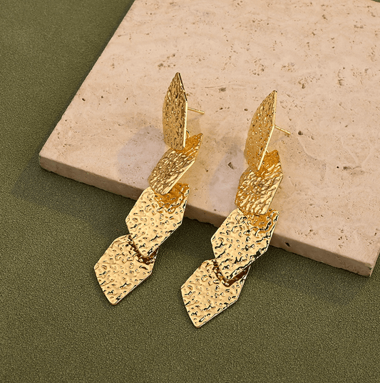 Gold Hammered Multi-Petal Drop Earrings - Earrings - 18k Gold Plated Waterproof Jewellery - Collection 9