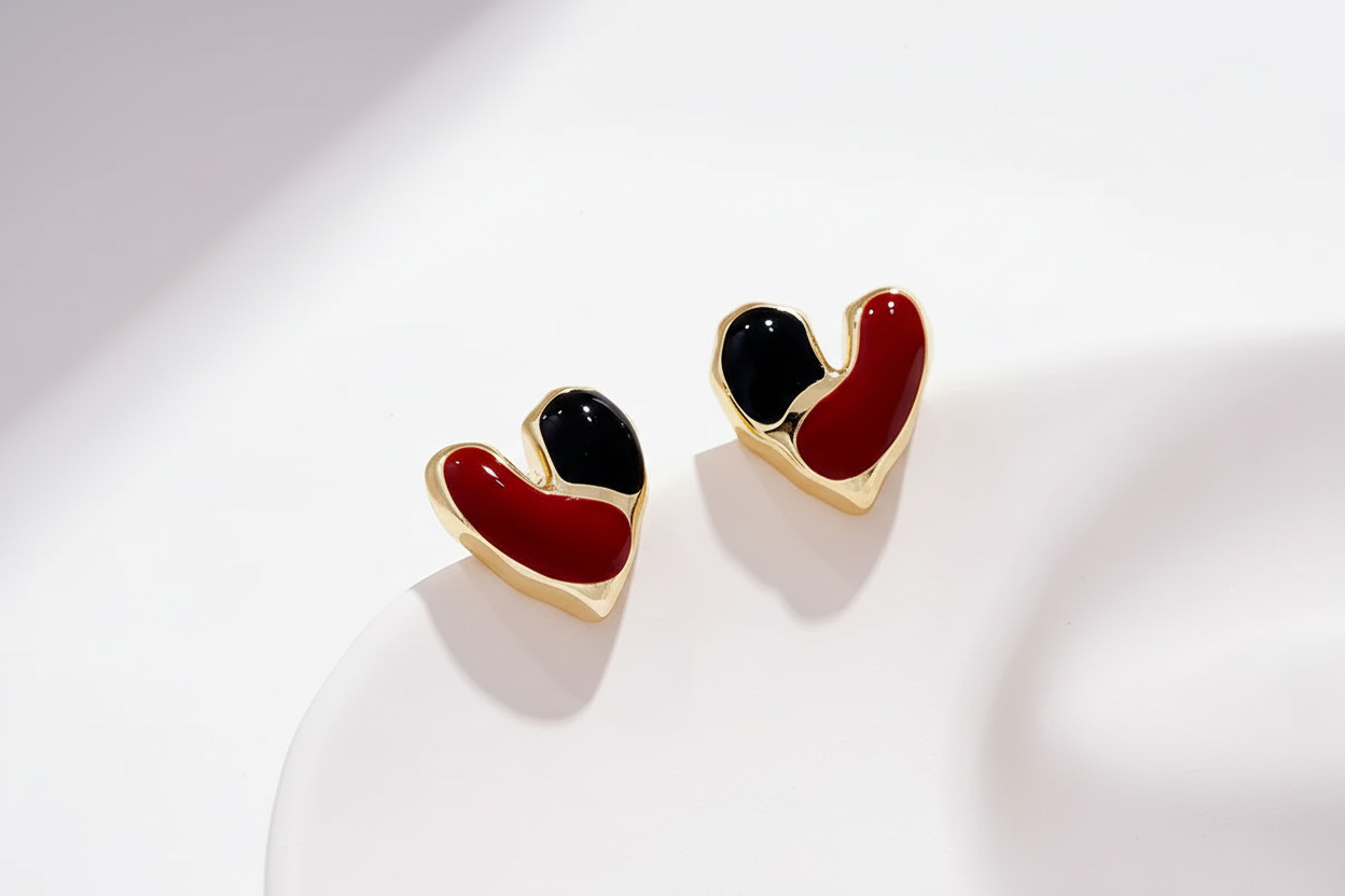 Gold Red Heart Bow Stud Earrings - Earrings - 18k Gold Plated Waterproof Jewellery - Collection 9