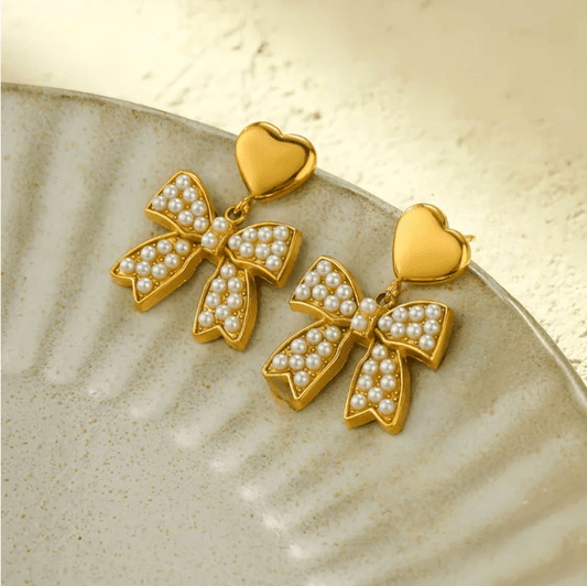 Gold Heart Pearl Bow Drop Earrings - - 18k Gold Plated Waterproof Jewellery - Collection 9