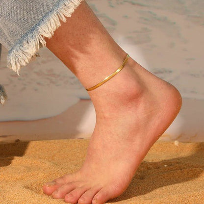 Gold Herringbone Flat Chain Anklet - Anklets - 18k Gold Plated Waterproof Jewellery - Collection 9