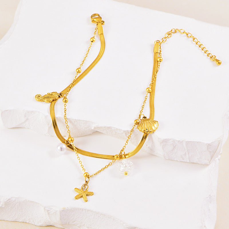 Gold Herringbone Ocean Charm Double Layer Anklet - Anklets - 18k Gold Plated Waterproof Jewellery - Collection 9