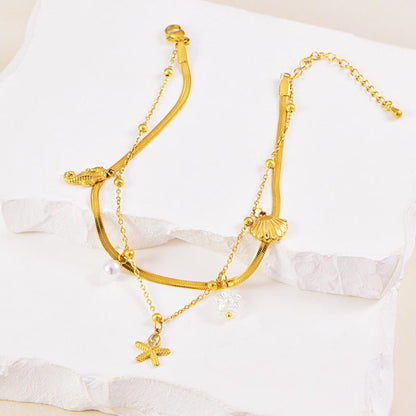Gold Herringbone Ocean Charm Double Layer Anklet - Anklets - 18k Gold Plated Waterproof Jewellery - Collection 9