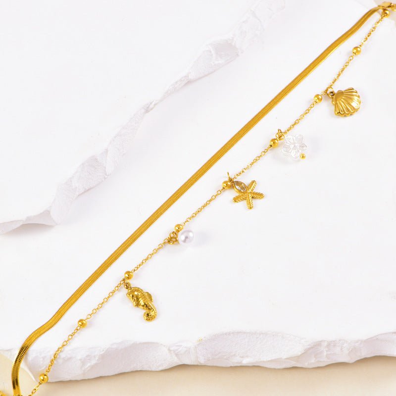 Gold Herringbone Ocean Charm Double Layer Anklet - Anklets - 18k Gold Plated Waterproof Jewellery - Collection 9
