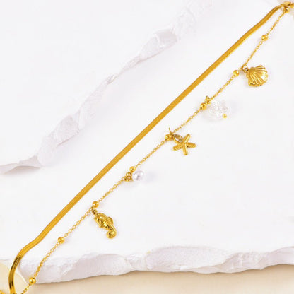 Gold Herringbone Ocean Charm Double Layer Anklet - Anklets - 18k Gold Plated Waterproof Jewellery - Collection 9