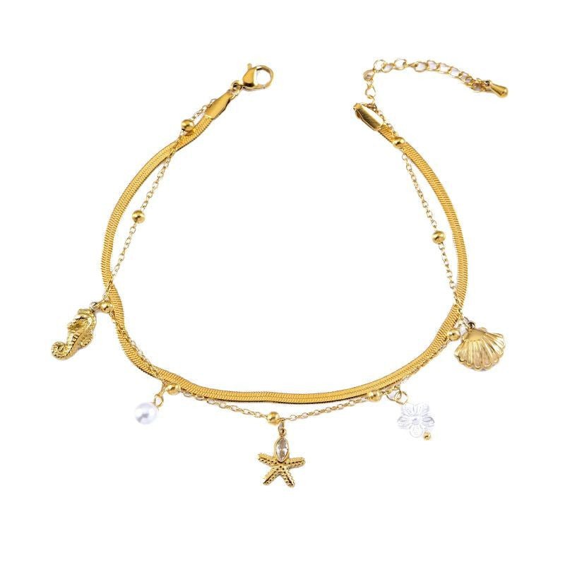 Gold Herringbone Ocean Charm Double Layer Anklet - Anklets - 18k Gold Plated Waterproof Jewellery - Collection 9