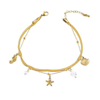 Gold Herringbone Ocean Charm Double Layer Anklet - Anklets - 18k Gold Plated Waterproof Jewellery - Collection 9