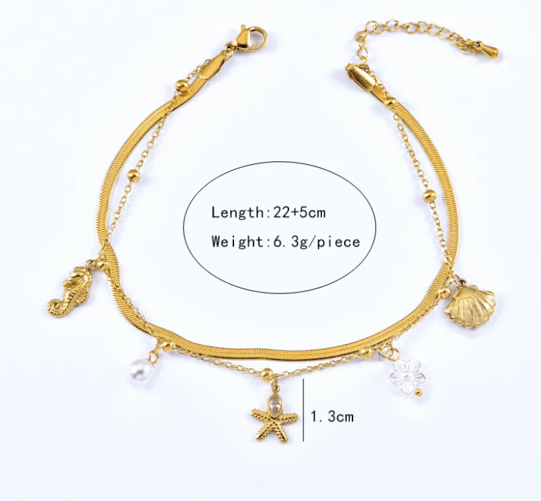 Gold Herringbone Ocean Charm Double Layer Anklet - Anklets - 18k Gold Plated Waterproof Jewellery - Collection 9
