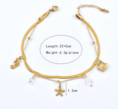 Gold Herringbone Ocean Charm Double Layer Anklet - Anklets - 18k Gold Plated Waterproof Jewellery - Collection 9