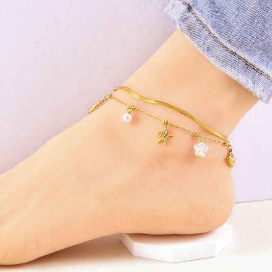 Gold Herringbone Ocean Charm Double Layer Anklet - Anklets - 18k Gold Plated Waterproof Jewellery - Collection 9