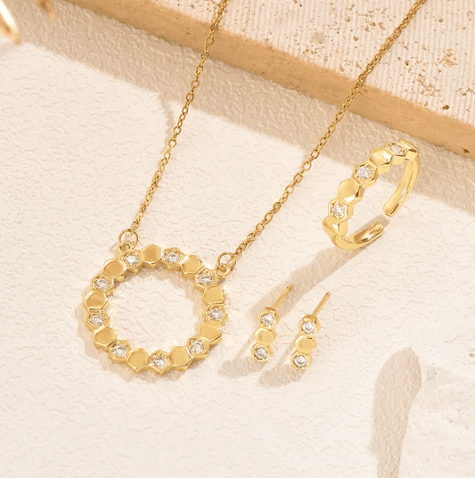 Gold Hexagon Crystal Jewellery Set - Jewellery Set - 18k Gold Plated Waterproof Jewellery - Collection 9