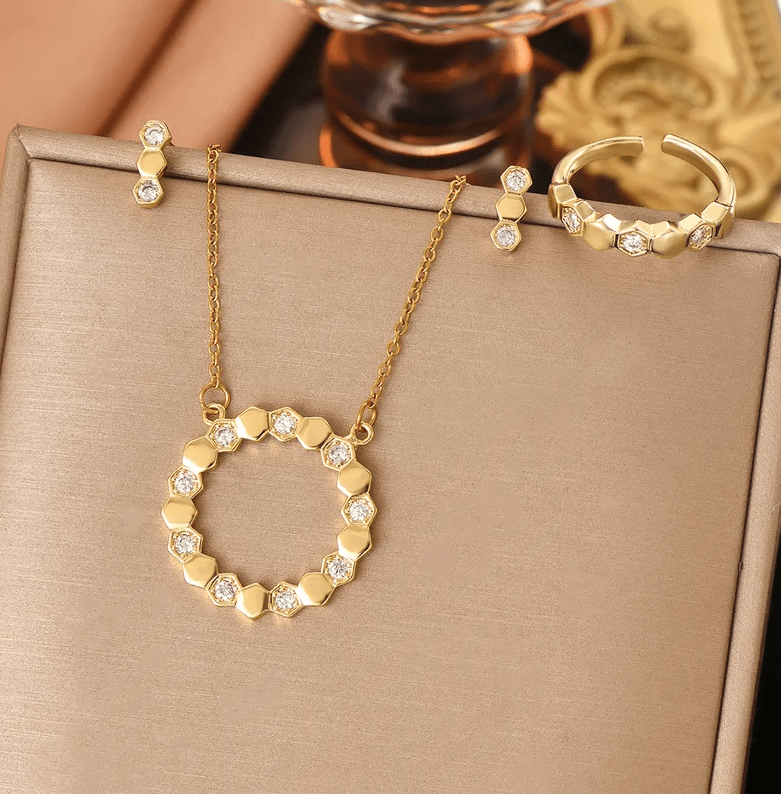 Gold Hexagon Crystal Jewellery Set - Jewellery Set - 18k Gold Plated Waterproof Jewellery - Collection 9