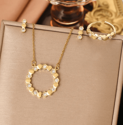 Gold Hexagon Crystal Jewellery Set - Jewellery Set - 18k Gold Plated Waterproof Jewellery - Collection 9