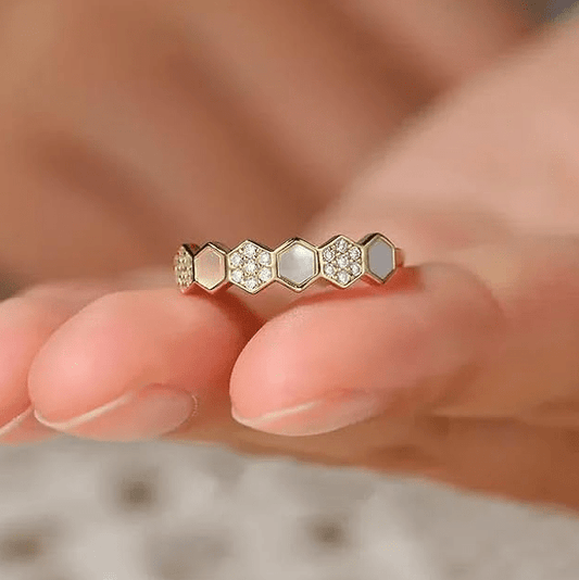 Gold Hexagon Shell & Zircon Ring - Rings - 18k Gold Plated Waterproof Jewellery - Collection 9