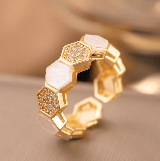 Gold Hexagon Shell & Zircon Ring - Rings - 18k Gold Plated Waterproof Jewellery - Collection 9