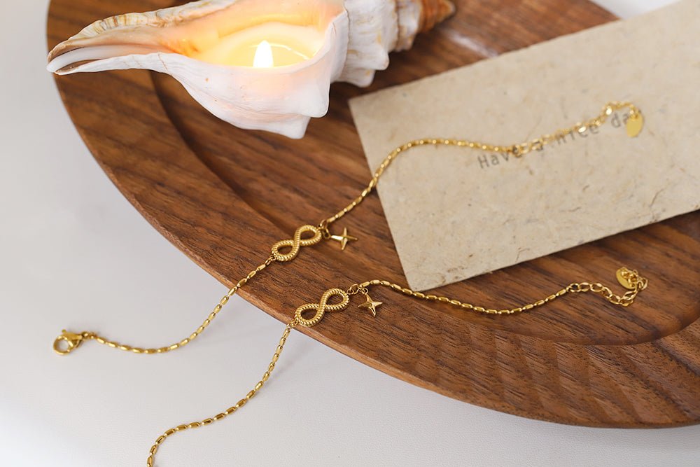 Gold Infinity Symbol & Star Charm Oval Ball Chain Bracelet - Bracelets - 18k Gold Plated Waterproof Jewellery - Collection 9
