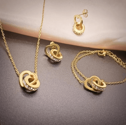 Gold Interlocking Circle Crystal Jewelry Set - - 18k Gold Plated Waterproof Jewellery - Collection 9
