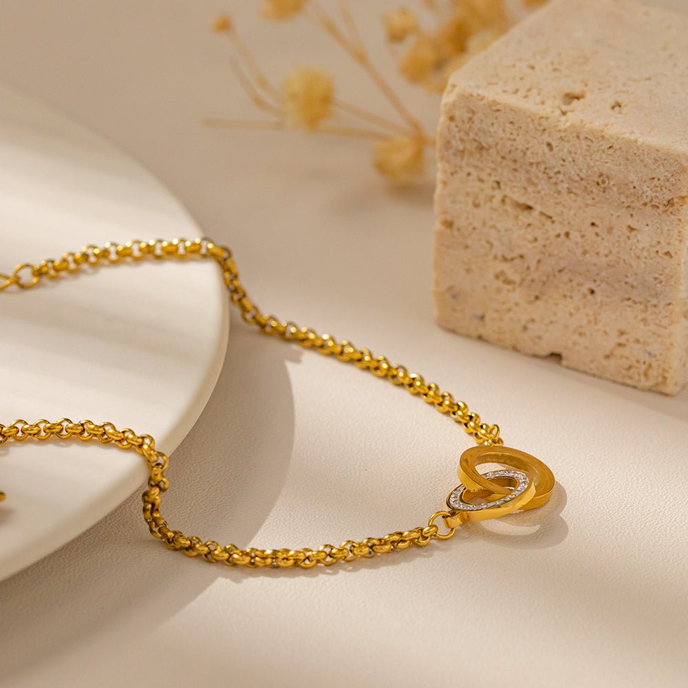 Gold Interlocking Double Circle Rhinestone Belcher Chain Bracelet - Bracelets - 18k Gold Plated Waterproof Jewellery - Collection 9