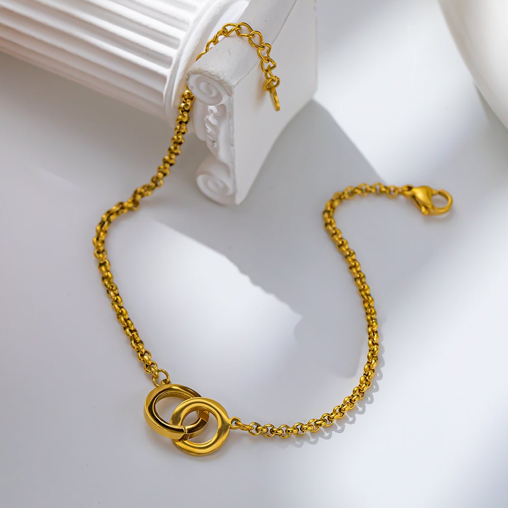 Gold Interlocking Double Circle Rhinestone Belcher Chain Bracelet - Bracelets - 18k Gold Plated Waterproof Jewellery - Collection 9