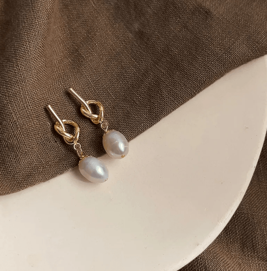 Gold Knot Freshwater Pearl Drop Earrings - - 18k Gold Plated Waterproof Jewellery - Collection 9