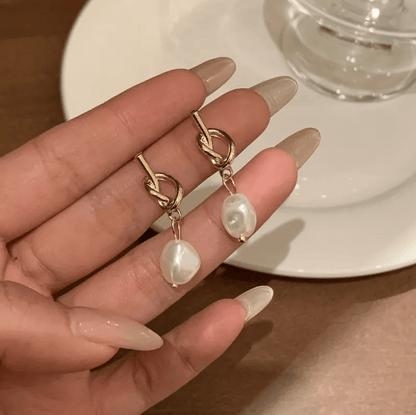 Gold Knot Freshwater Pearl Drop Earrings - - 18k Gold Plated Waterproof Jewellery - Collection 9