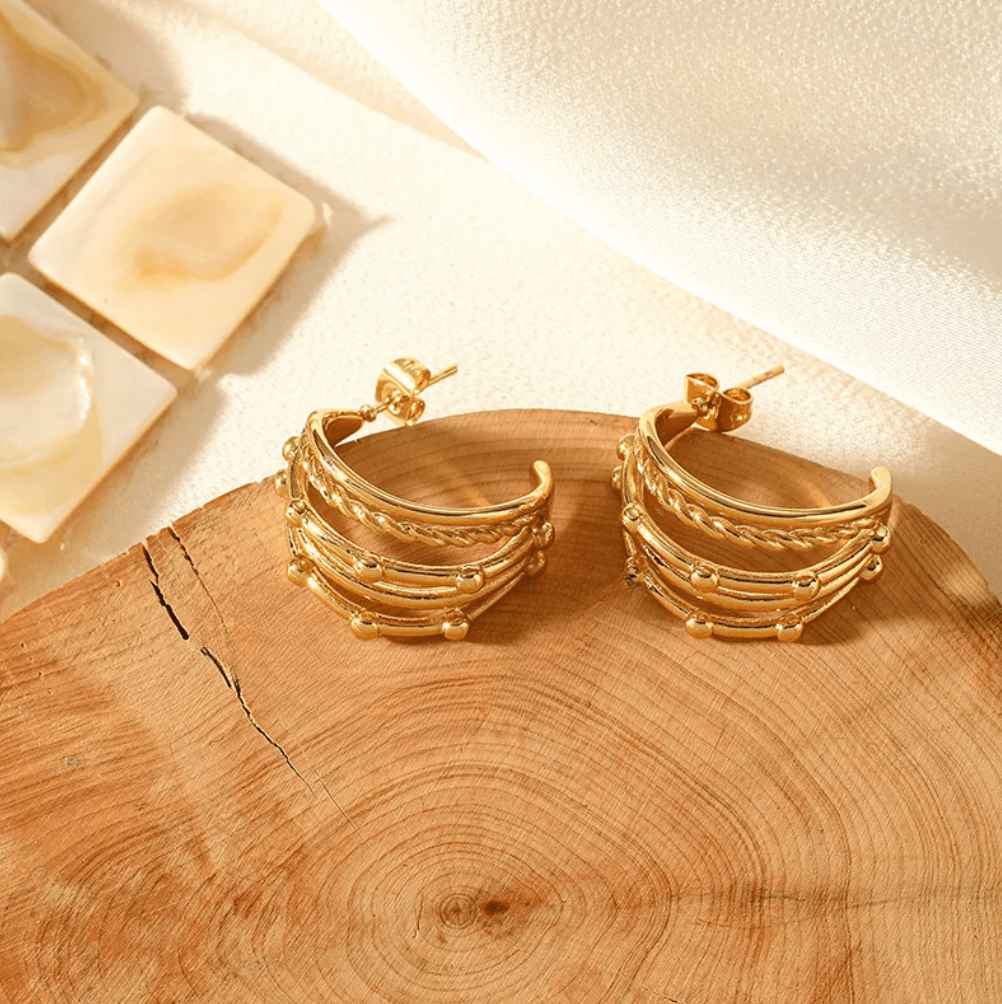 Gold Layered Chain C-Hoop Earrings - - 18k Gold Plated Waterproof Jewellery - Collection 9