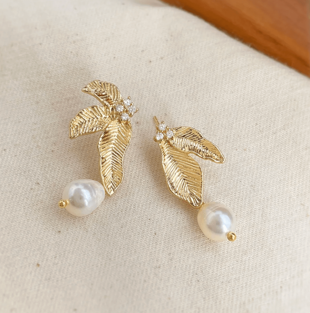 Gold Leaf Freshwater Pearl Drop Earrings - - 18k Gold Plated Waterproof Jewellery - Collection 9