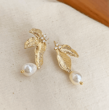 Gold Leaf Freshwater Pearl Drop Earrings - - 18k Gold Plated Waterproof Jewellery - Collection 9