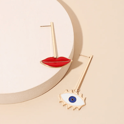 Gold Lips Evil Eye Asymmetric Drop Earrings - Earrings - 18k Gold Plated Waterproof Jewellery - Collection 9