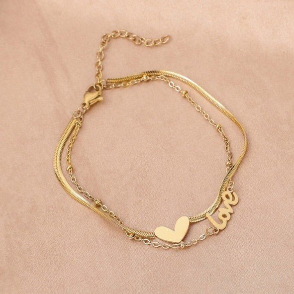 Gold Love Script Heart Double Layer Anklet - Anklets - 18k Gold Plated Waterproof Jewellery - Collection 9