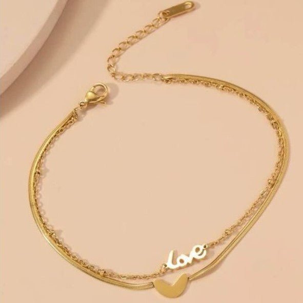 Gold Love Script Heart Double Layer Anklet - Anklets - 18k Gold Plated Waterproof Jewellery - Collection 9