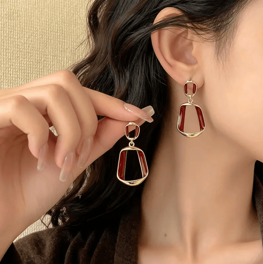Gold Maroon Red Enamel Geometric Drop Earrings - Earrings - 18k Gold Plated Waterproof Jewellery - Collection 9