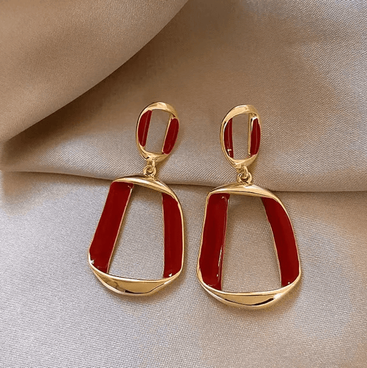 Gold Maroon Red Enamel Geometric Drop Earrings - Earrings - 18k Gold Plated Waterproof Jewellery - Collection 9