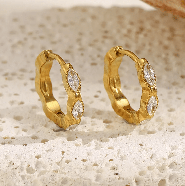 Gold Marquise Crystal Huggie Earrings - - 18k Gold Plated Waterproof Jewellery - Collection 9